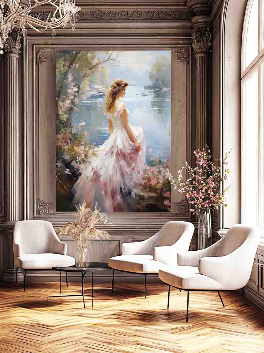 Dream girl canvas art in flowing dress by lake for romantic bedroom decor.