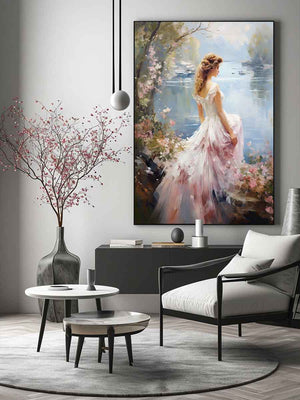 Dream girl canvas art in flowing dress by lake for romantic bedroom decor.