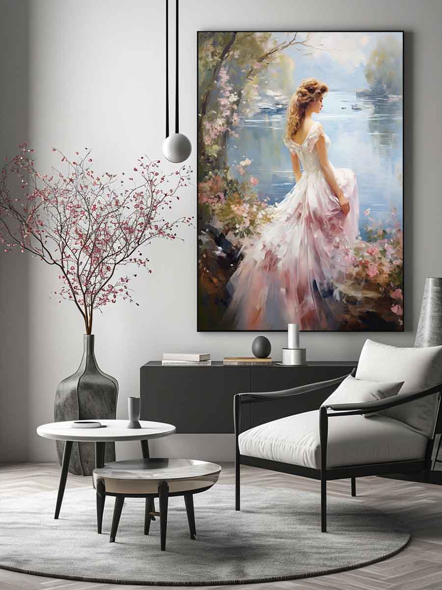 Dream girl canvas art in flowing dress by lake for romantic bedroom decor.