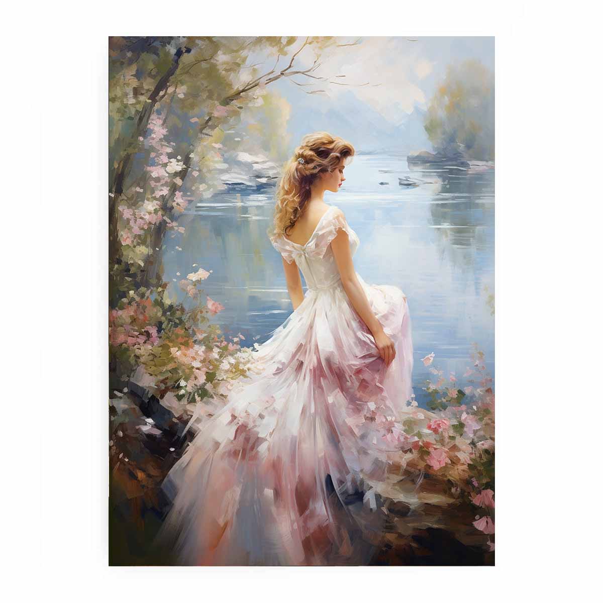 Dream girl canvas art in flowing dress by lake for romantic bedroom decor.