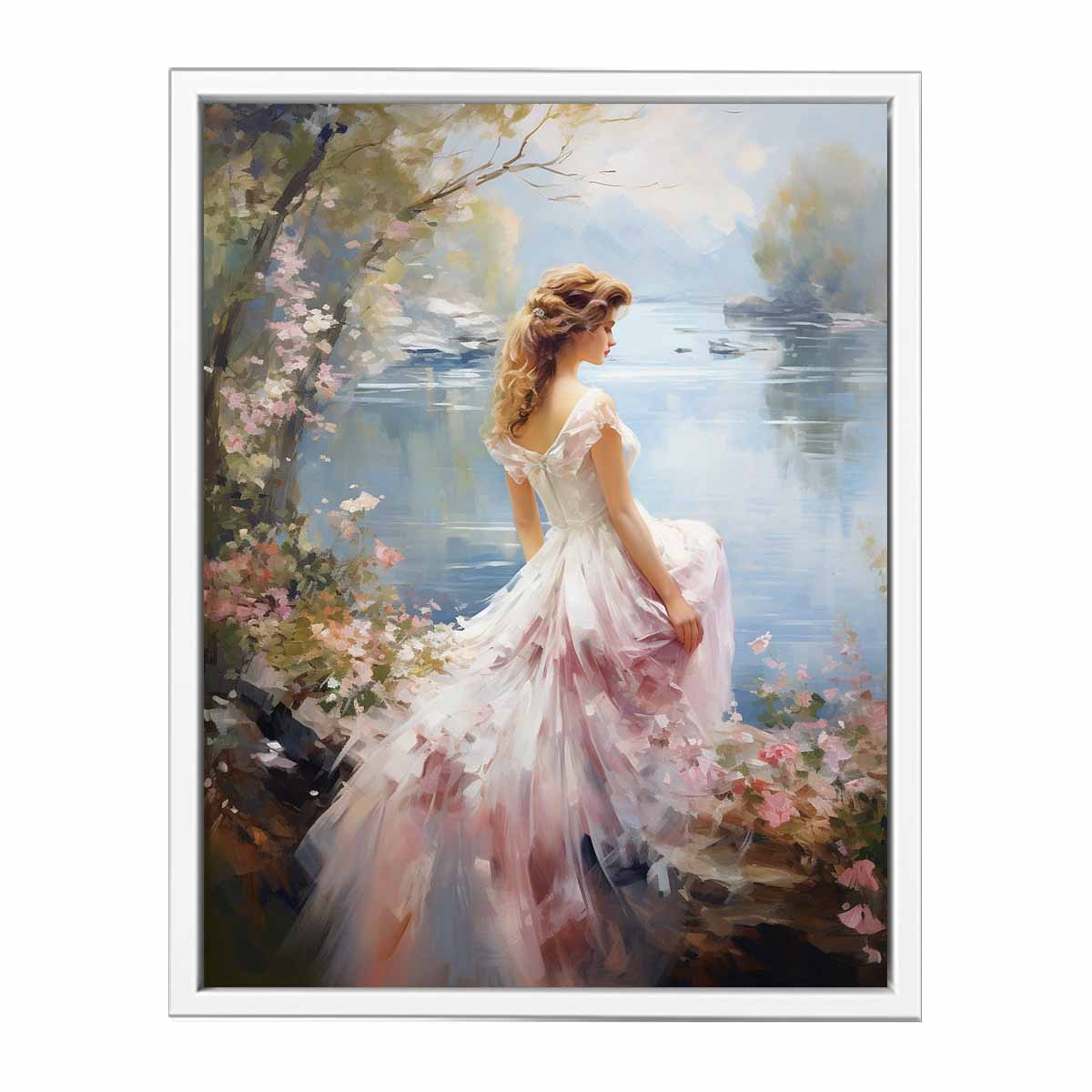 Dream girl canvas art in flowing dress by lake for romantic bedroom decor.