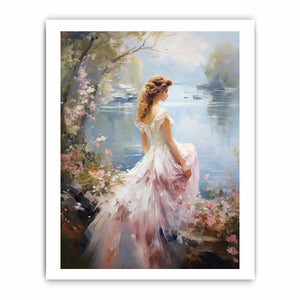 Dream girl canvas art in flowing dress by lake for romantic bedroom decor.