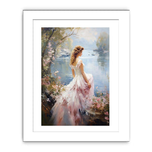 Dream girl canvas art in flowing dress by lake for romantic bedroom decor.