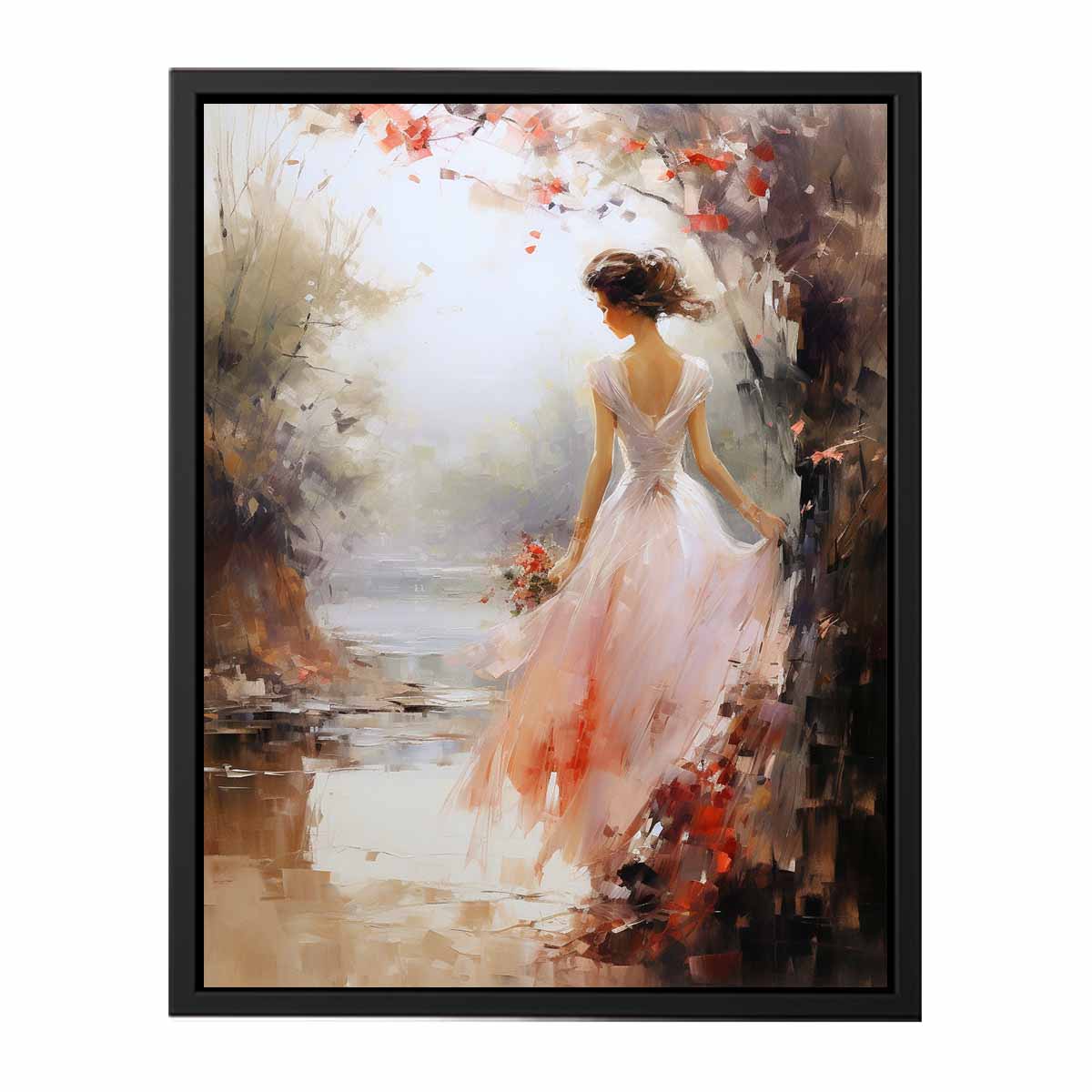 Ethereal woman canvas print in blush dress with flowers for bedroom wall decor.