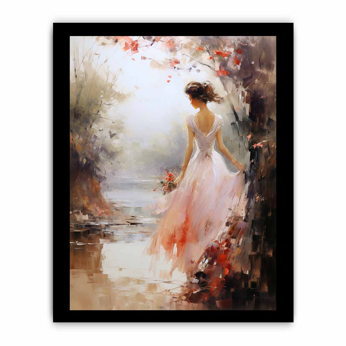 Ethereal woman canvas print in blush dress with flowers for bedroom wall decor.