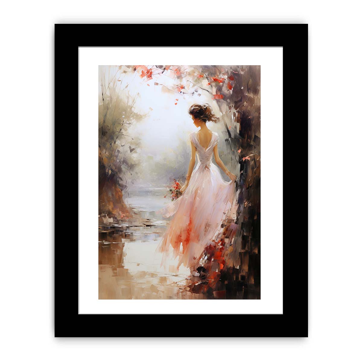 Ethereal woman canvas print in blush dress with flowers for bedroom wall decor.