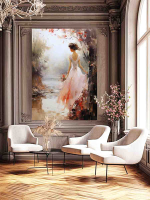 Ethereal woman canvas print in blush dress with flowers for bedroom wall decor.