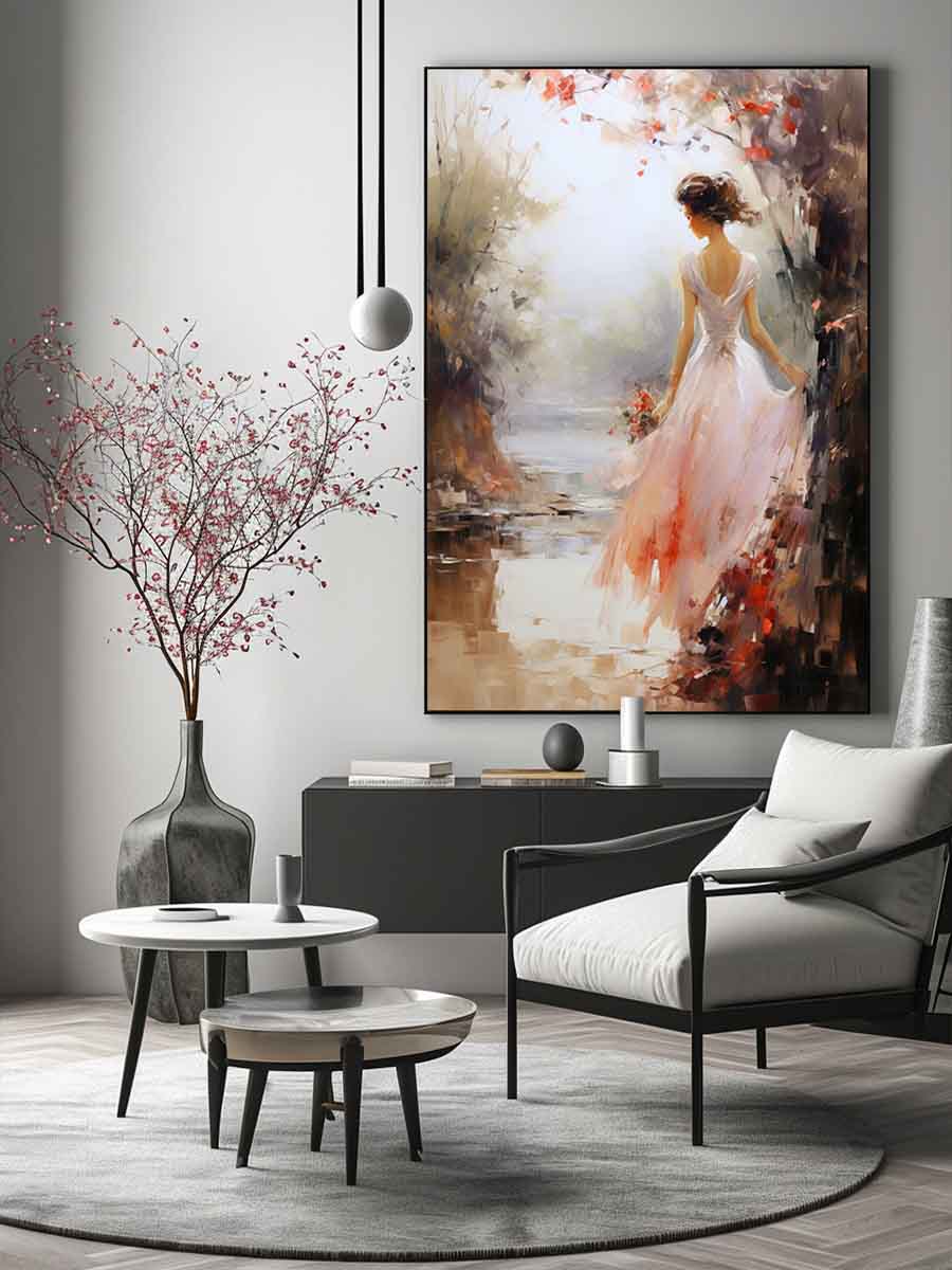 Ethereal woman canvas print in blush dress with flowers for bedroom wall decor.
