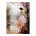 Ethereal woman canvas print in blush dress with flowers for bedroom wall decor.