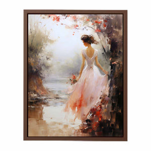 Ethereal woman canvas print in blush dress with flowers for bedroom wall decor.