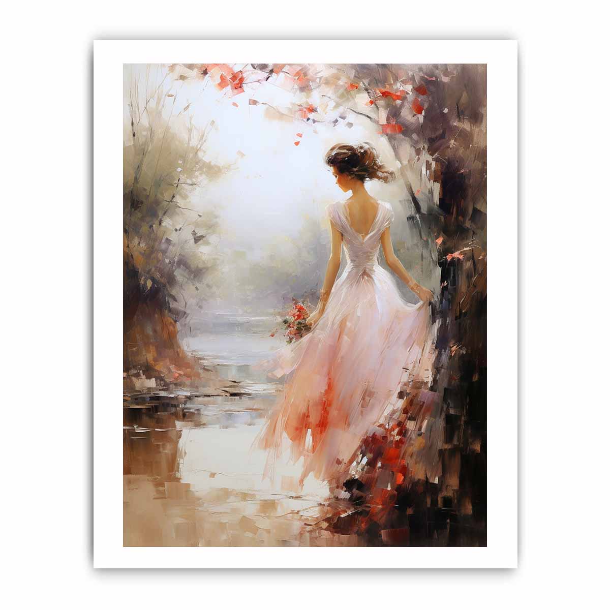 Ethereal woman canvas print in blush dress with flowers for bedroom wall decor.