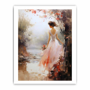 Ethereal woman canvas print in blush dress with flowers for bedroom wall decor.