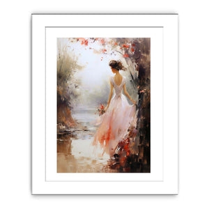 Ethereal woman canvas print in blush dress with flowers for bedroom wall decor.