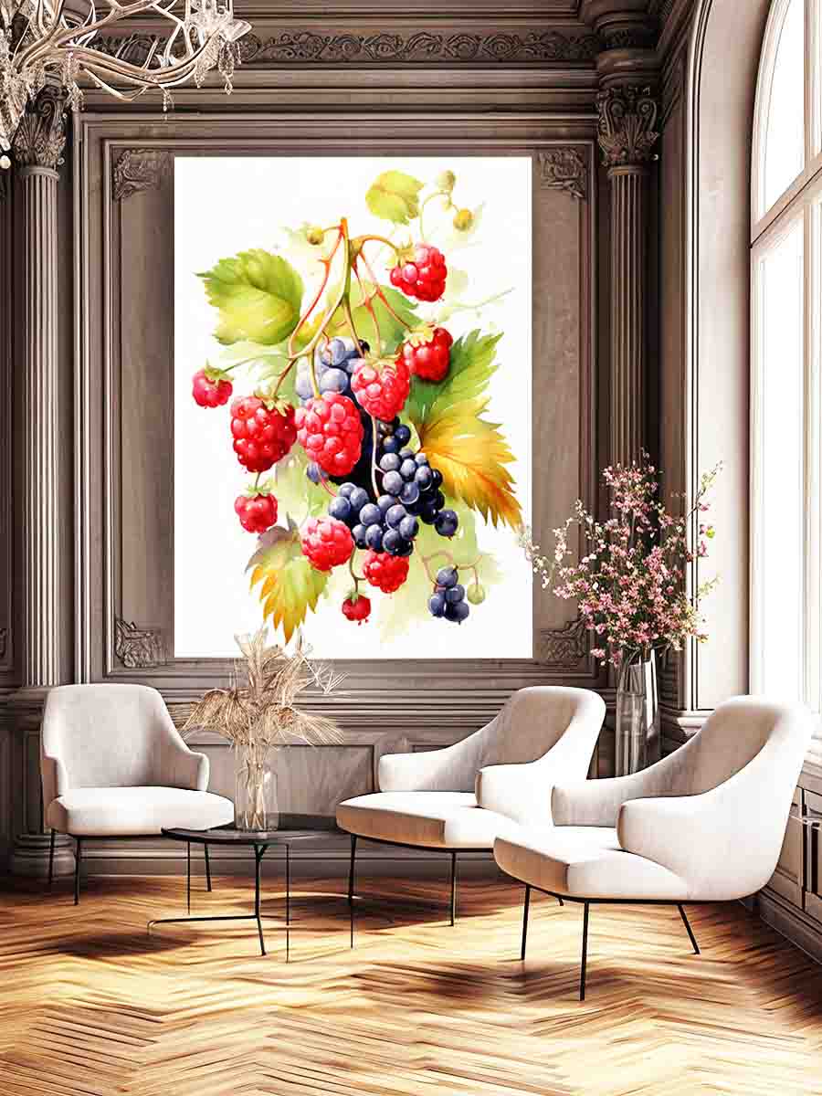 Berry botanical canvas print with raspberries, grapes, and green leaves for kitchen decor.