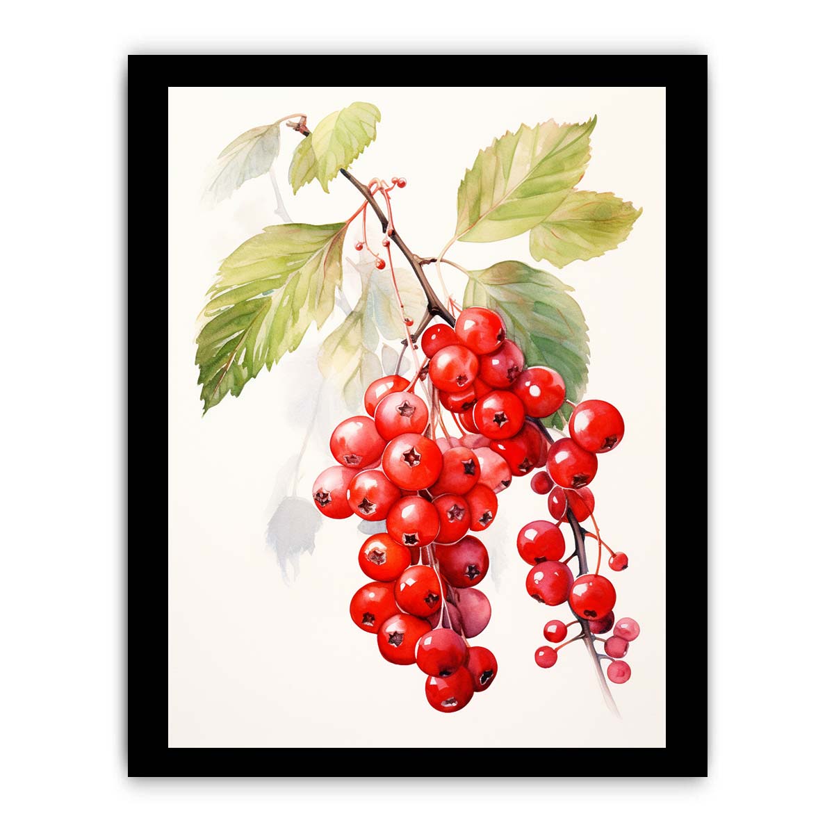 Watercolor red berry branch canvas art for kitchen decor.