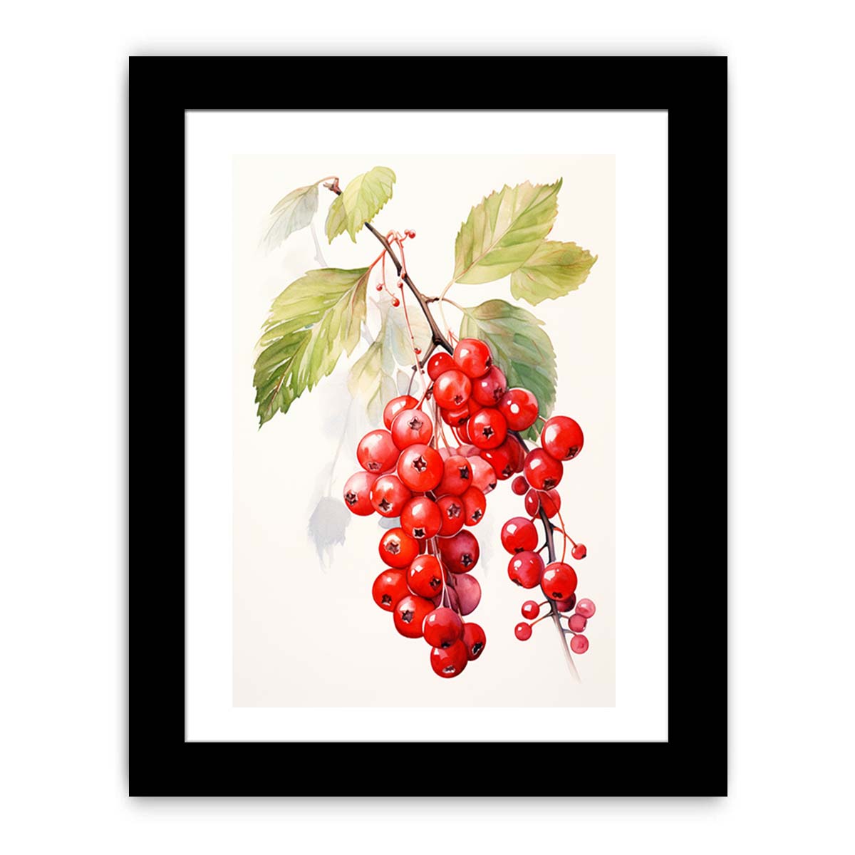 Watercolor red berry branch canvas art for kitchen decor.