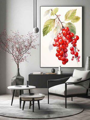 Watercolor red berry branch canvas art for kitchen decor.