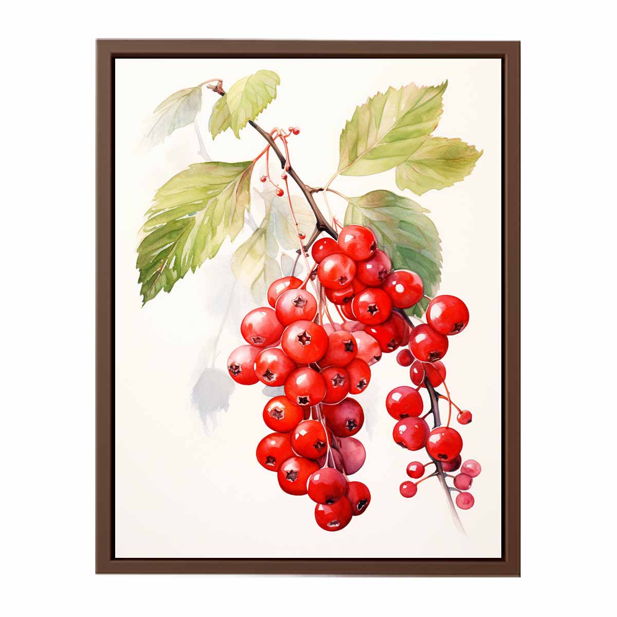 Watercolor red berry branch canvas art for kitchen decor.