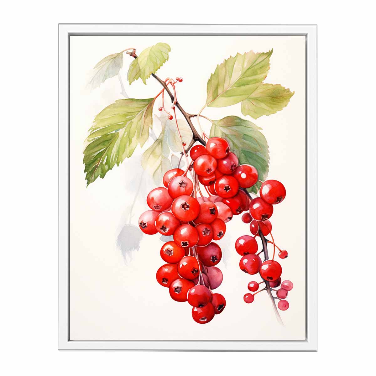 Watercolor red berry branch canvas art for kitchen decor.