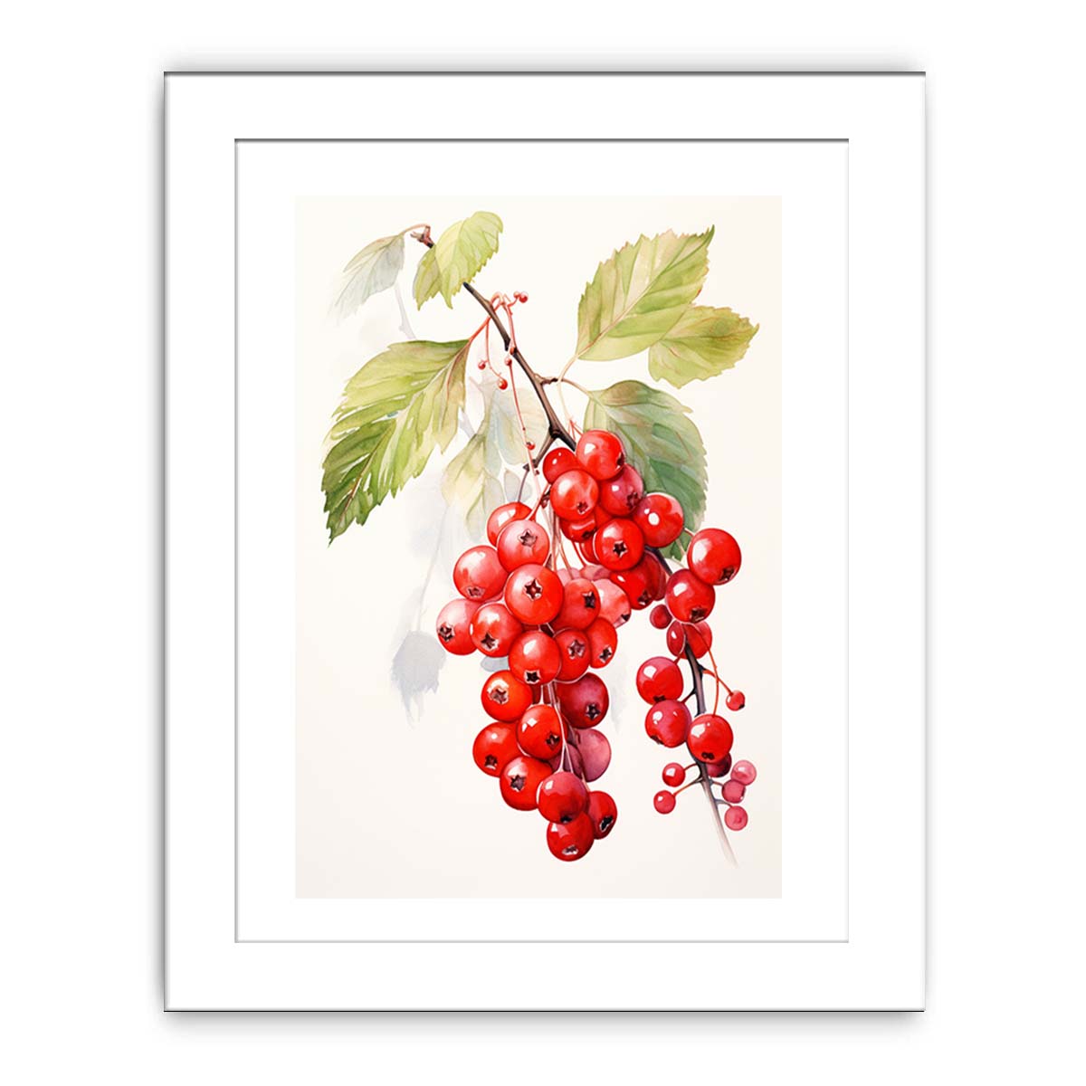 Watercolor red berry branch canvas art for kitchen decor.