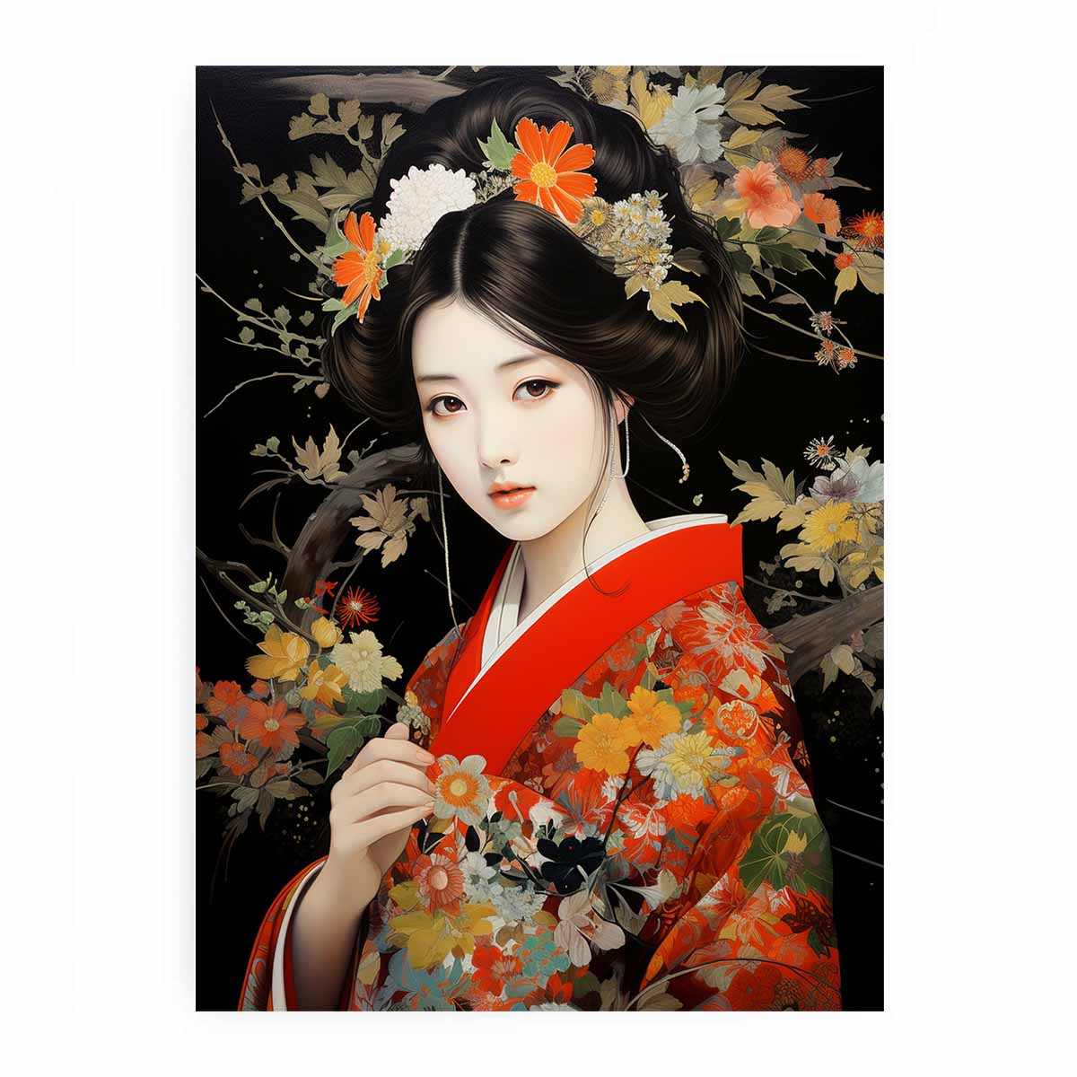 Japanese floral woman portrait canvas art for bedroom decor.