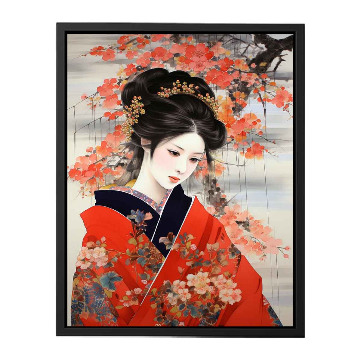 Japanese woman in red kimono canvas art for bedroom decor.