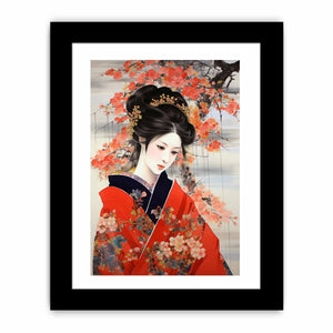 Japanese woman in red kimono canvas art for bedroom decor.