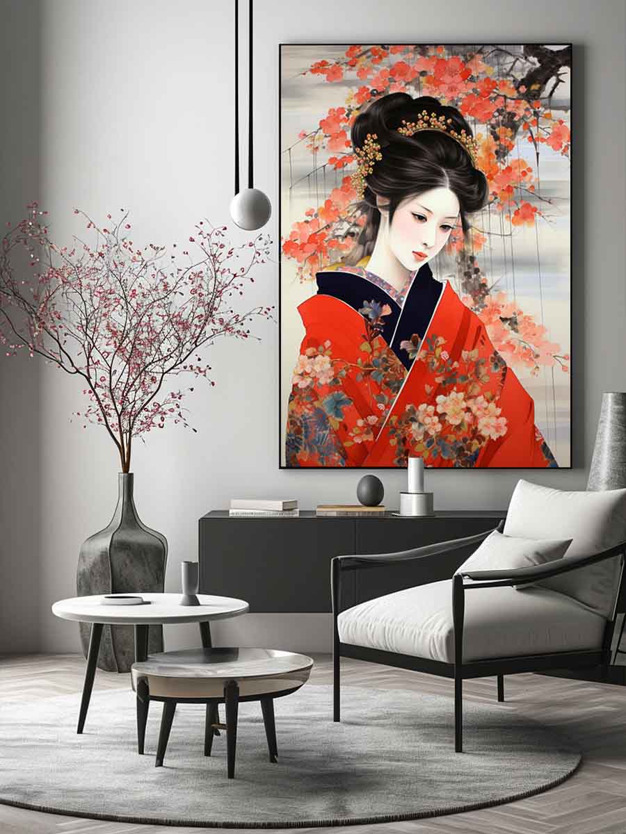 Japanese woman in red kimono canvas art for bedroom decor.
