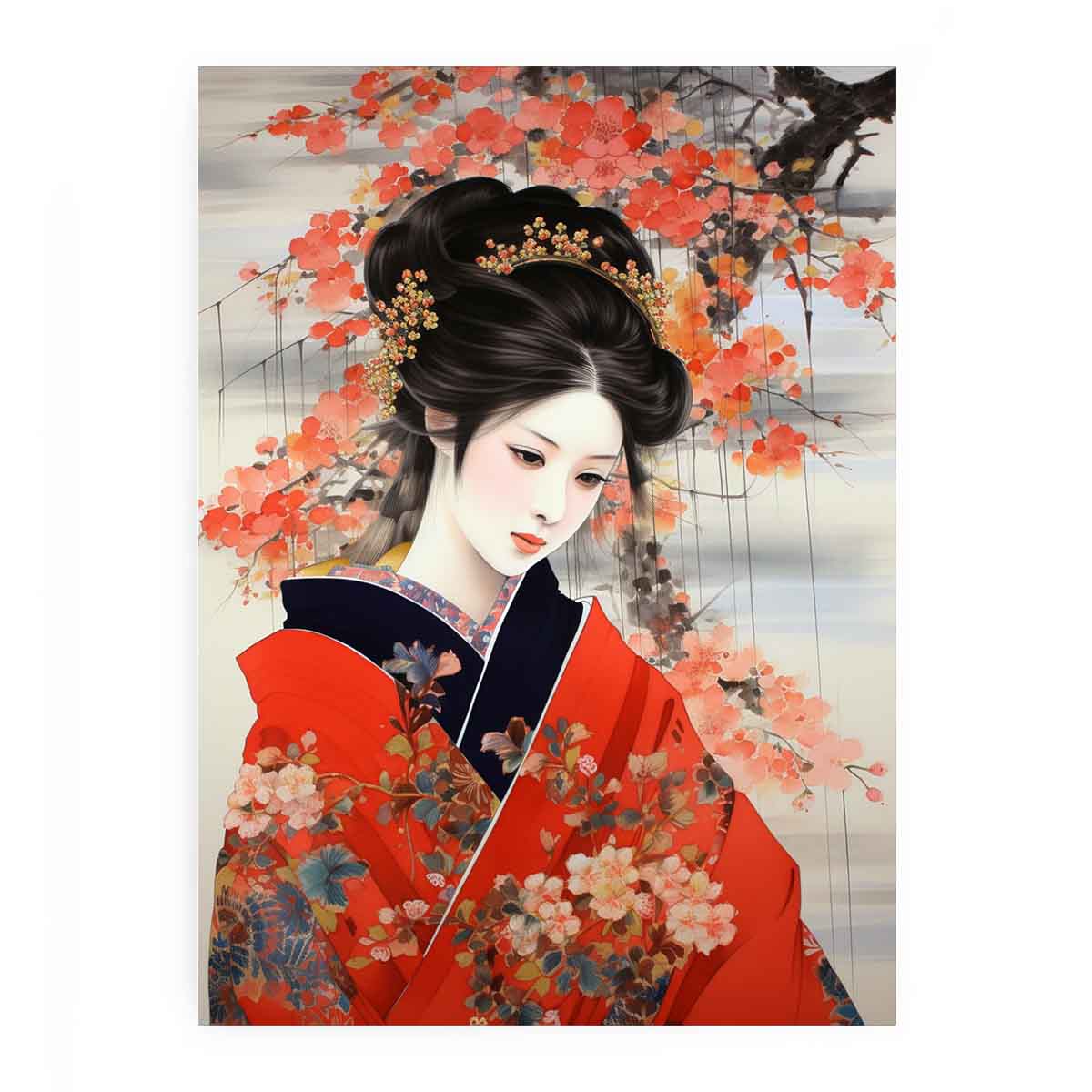 Japanese woman in red kimono canvas art for bedroom decor.