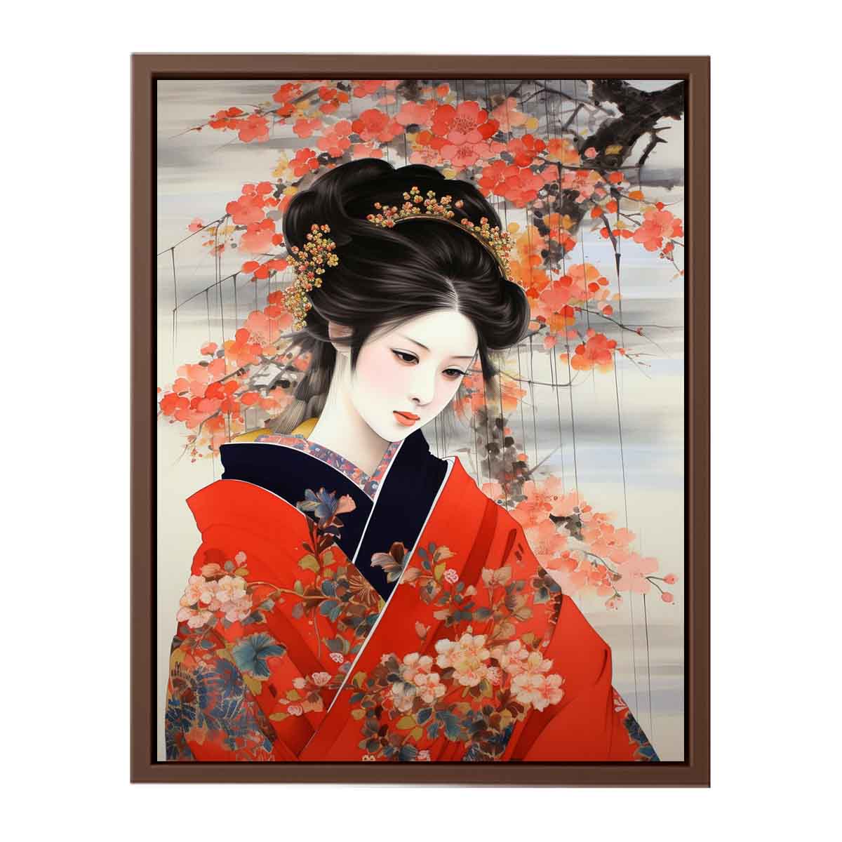 Japanese woman in red kimono canvas art for bedroom decor.