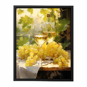 White wine and grape still life canvas art for dining room decor.