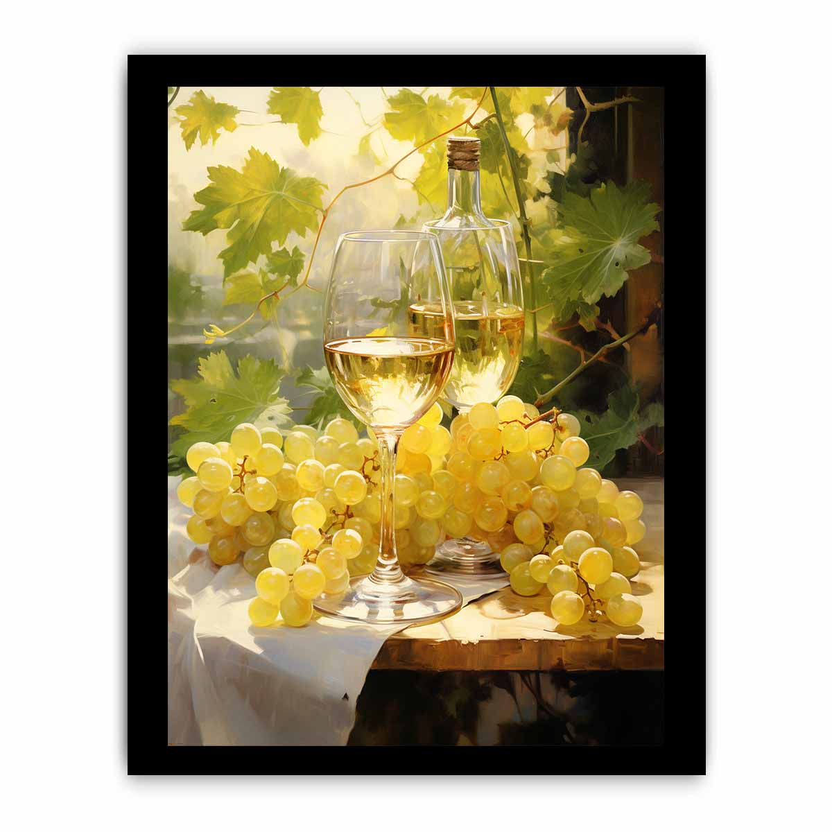 White wine and grape still life canvas art for dining room decor.