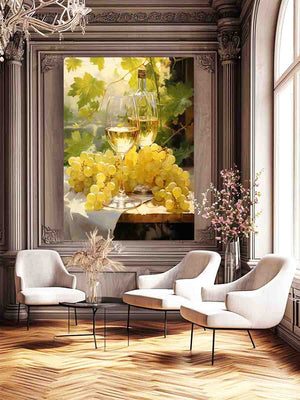 White wine and grape still life canvas art for dining room decor.