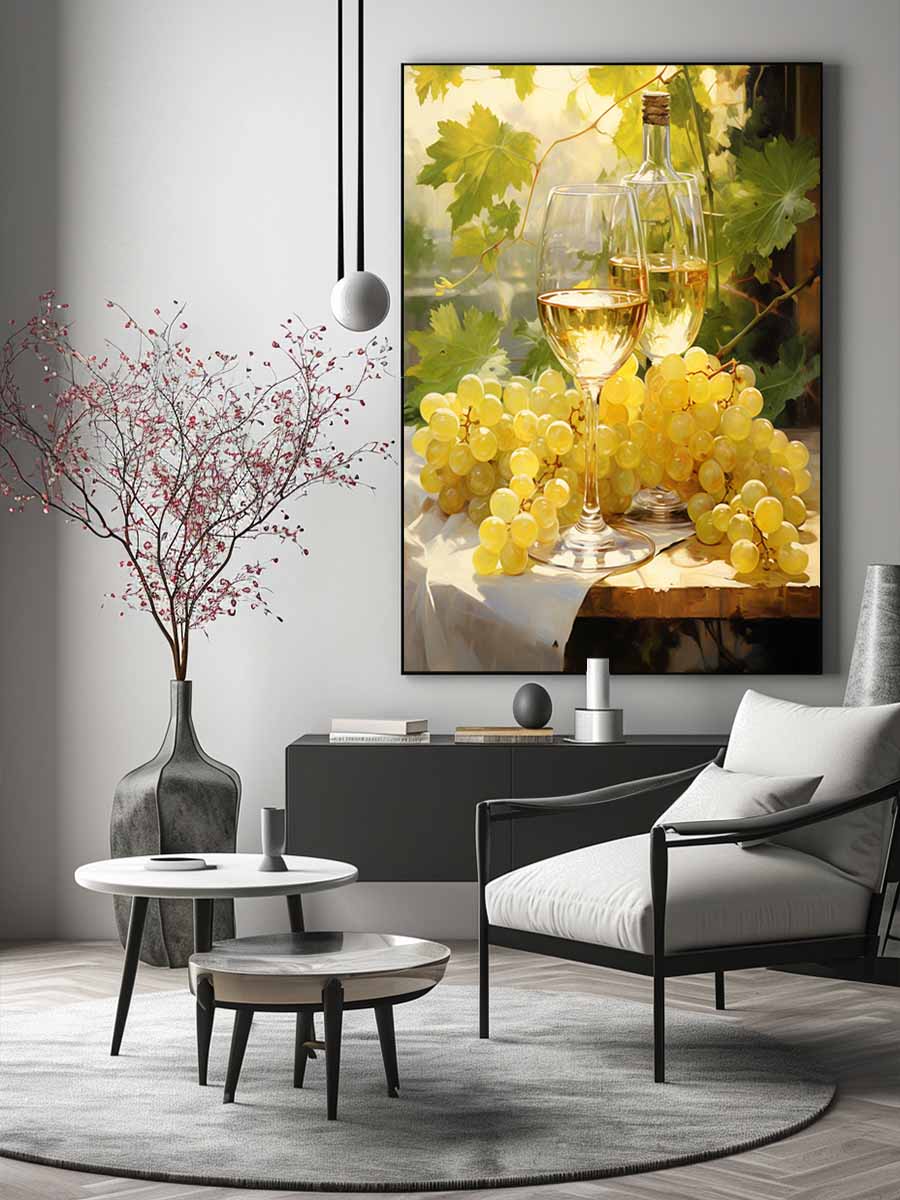 White wine and grape still life canvas art for dining room decor.