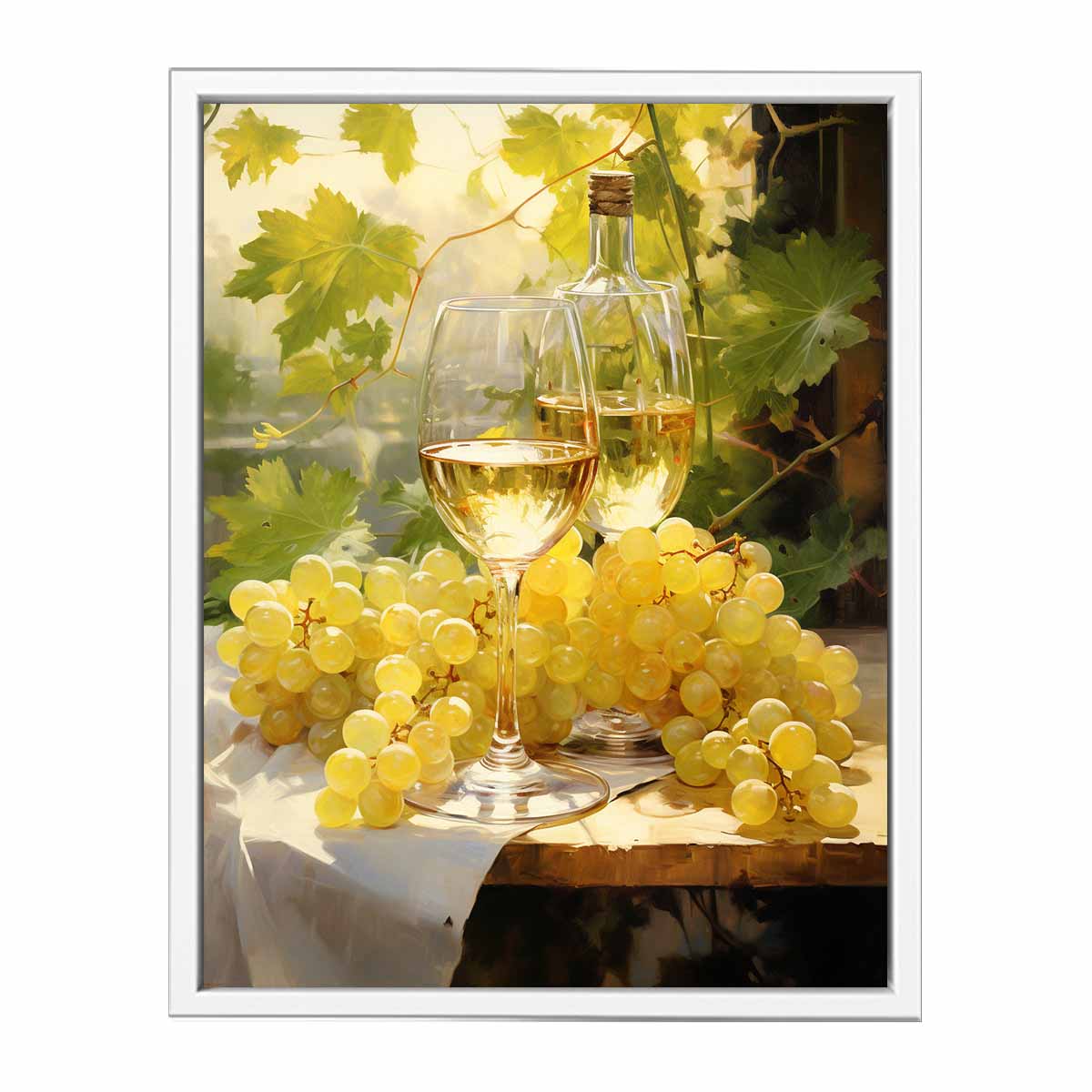 White wine and grape still life canvas art for dining room decor.