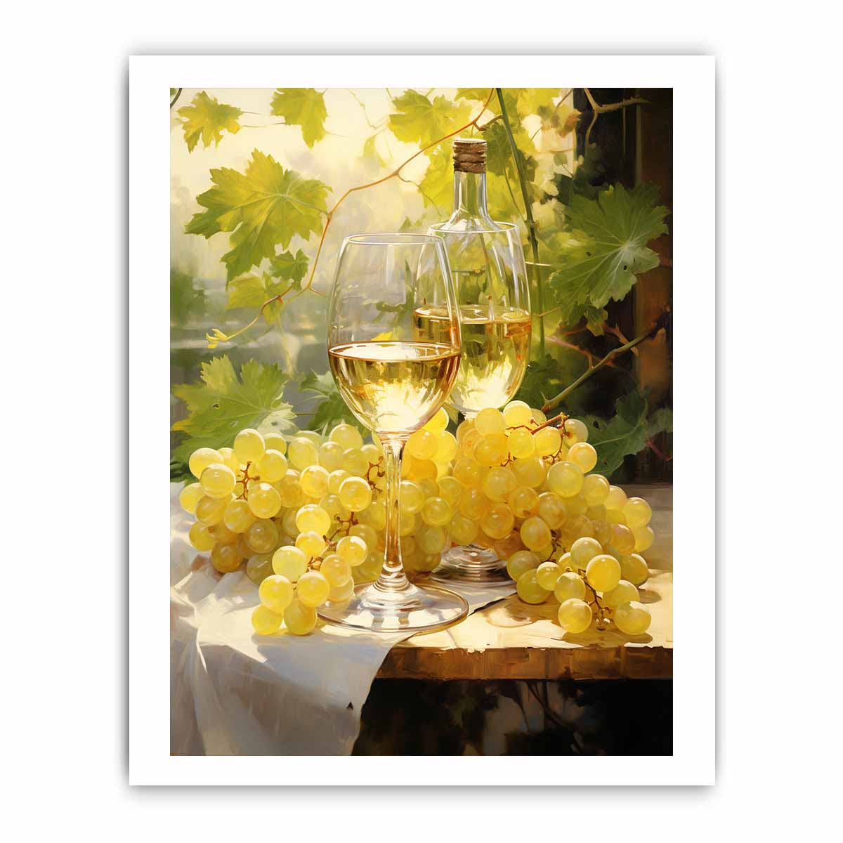 White wine and grape still life canvas art for dining room decor.