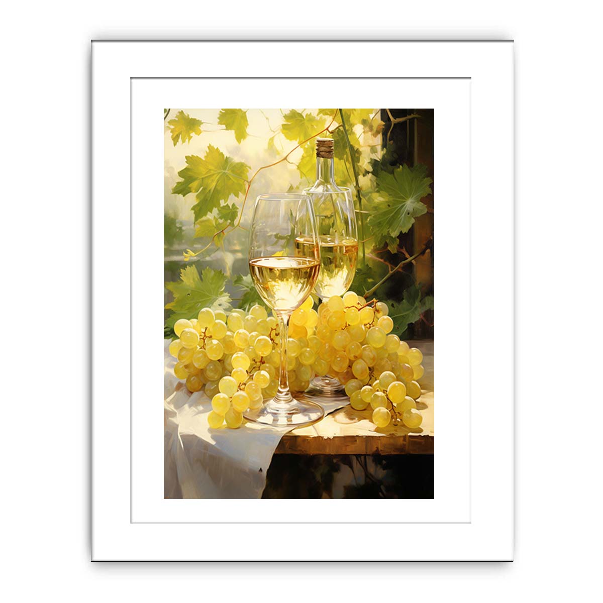 White wine and grape still life canvas art for dining room decor.