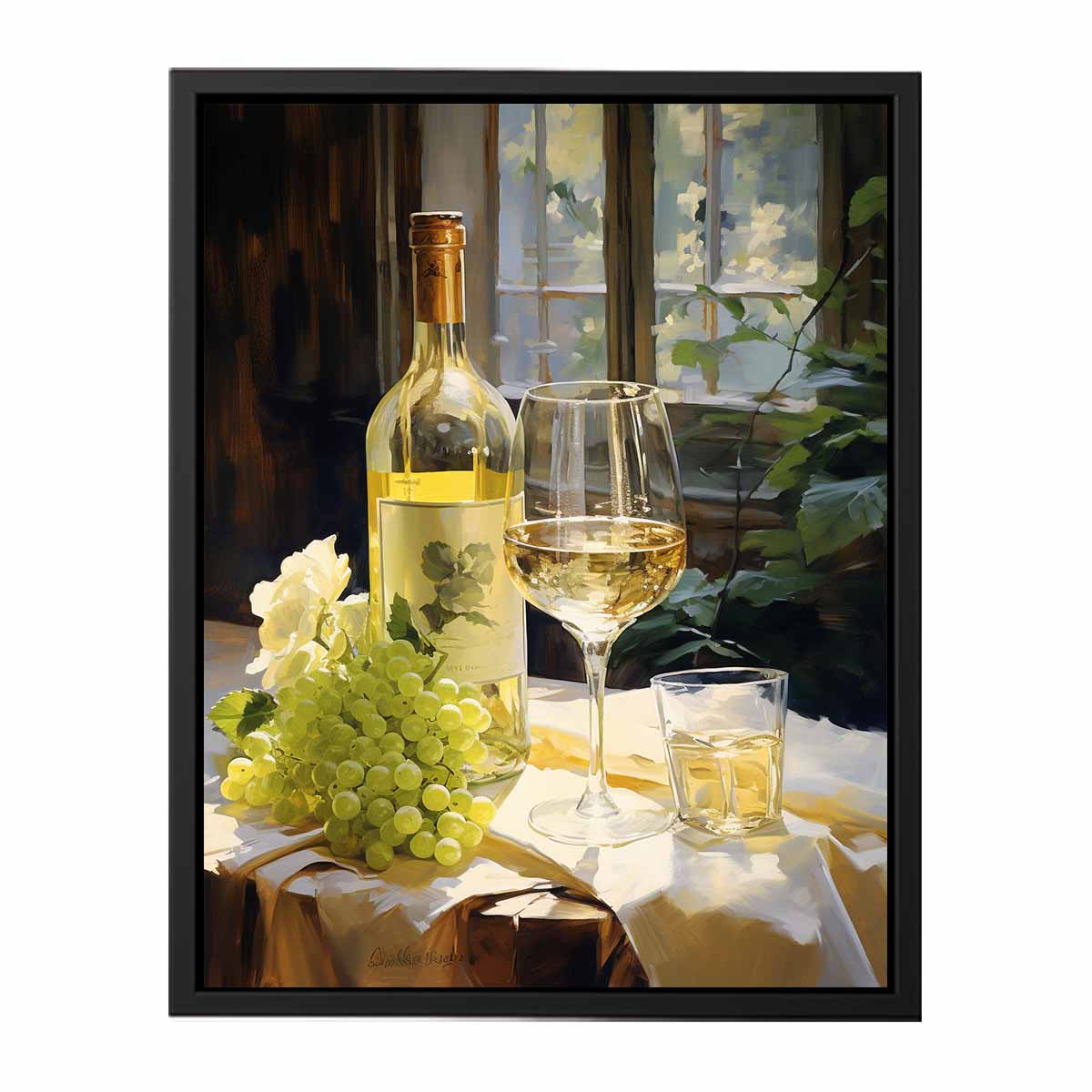 White wine bottle and grapes canvas art for dining room decor.