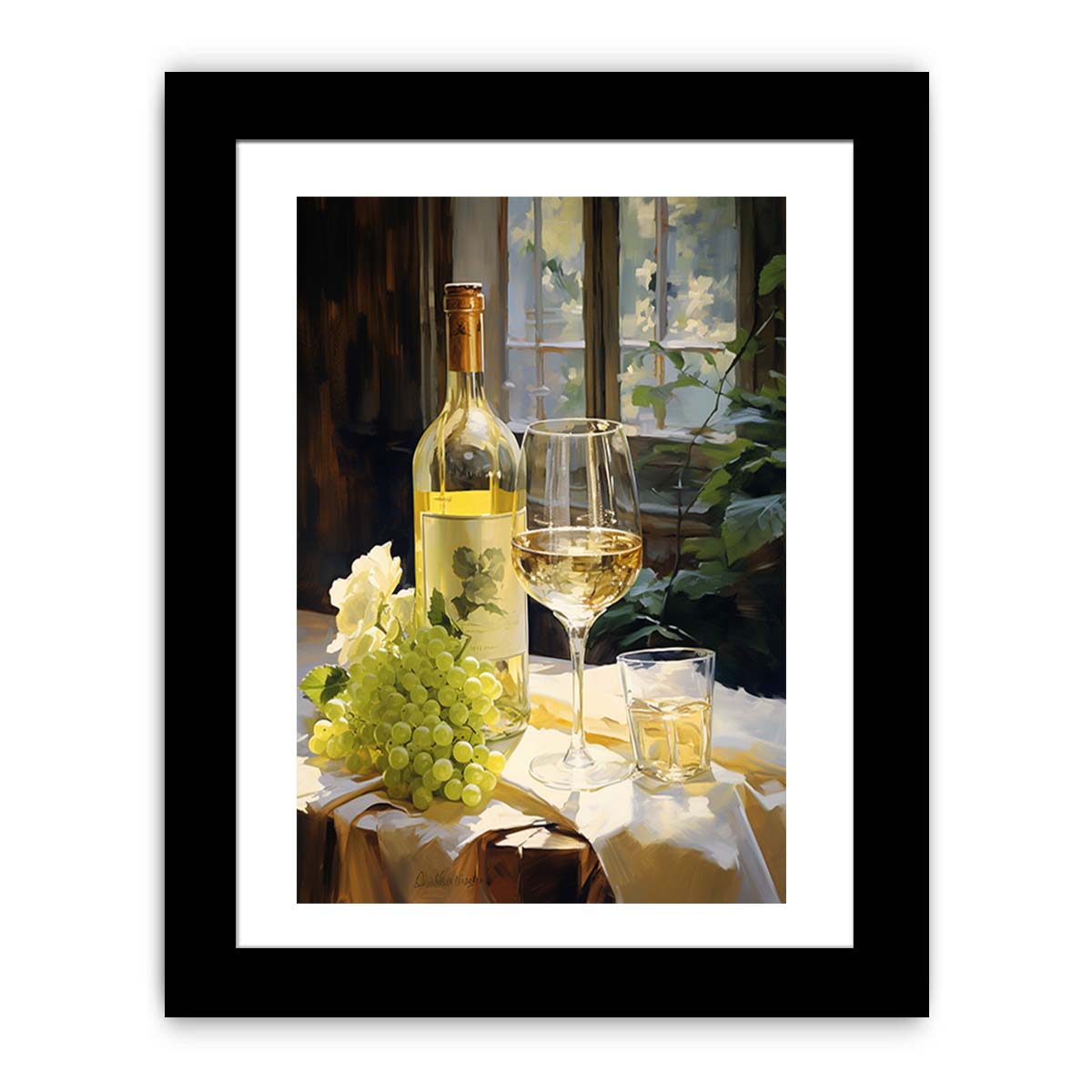 White wine bottle and grapes canvas art for dining room decor.