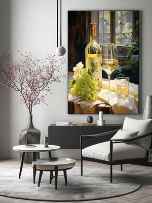 White wine bottle and grapes canvas art for dining room decor.