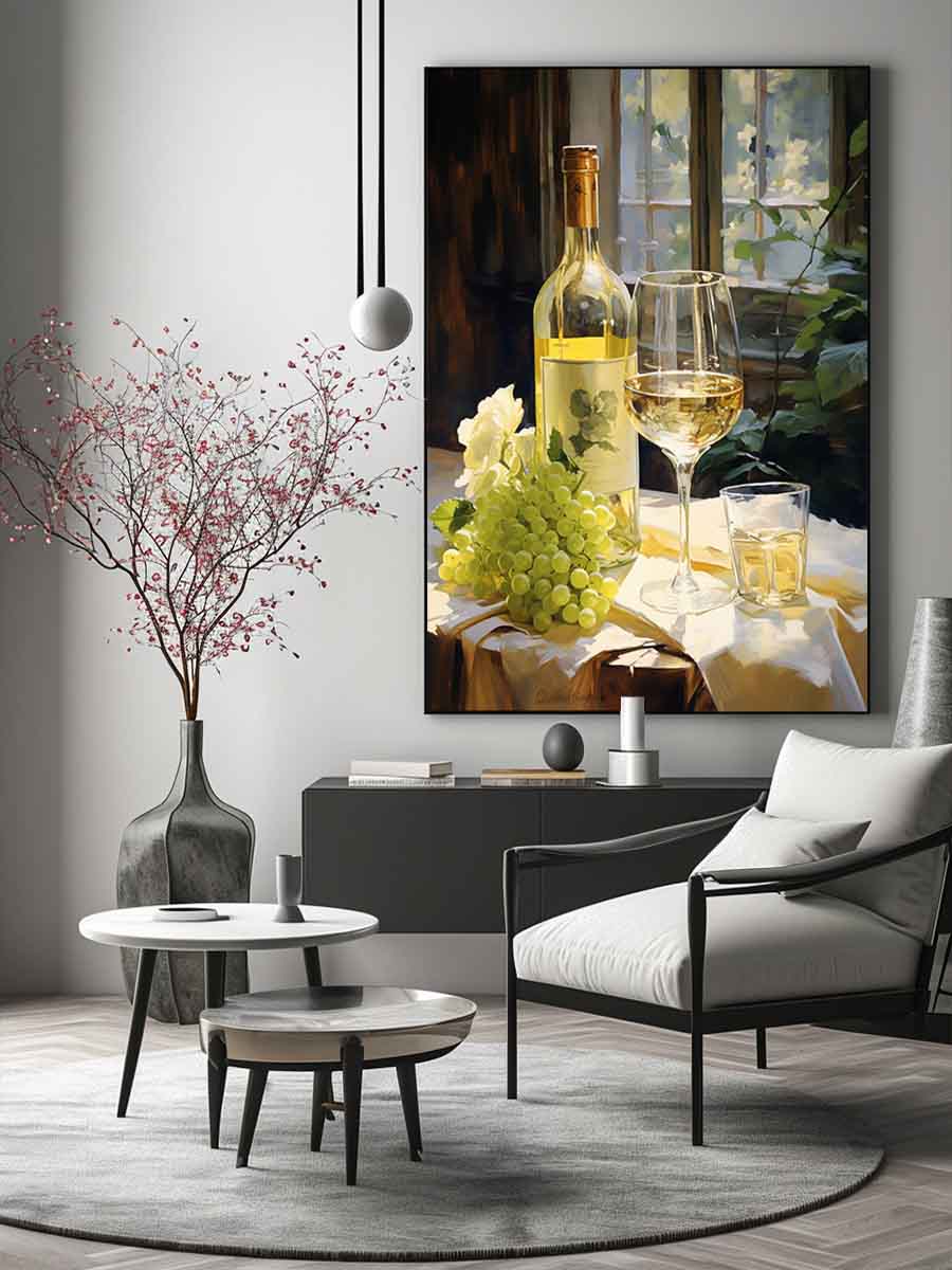 White wine bottle and grapes canvas art for dining room decor.