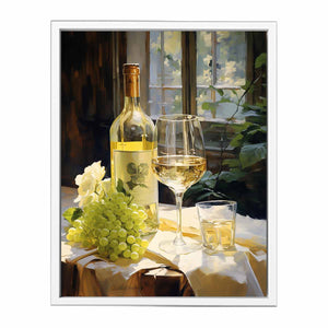White wine bottle and grapes canvas art for dining room decor.