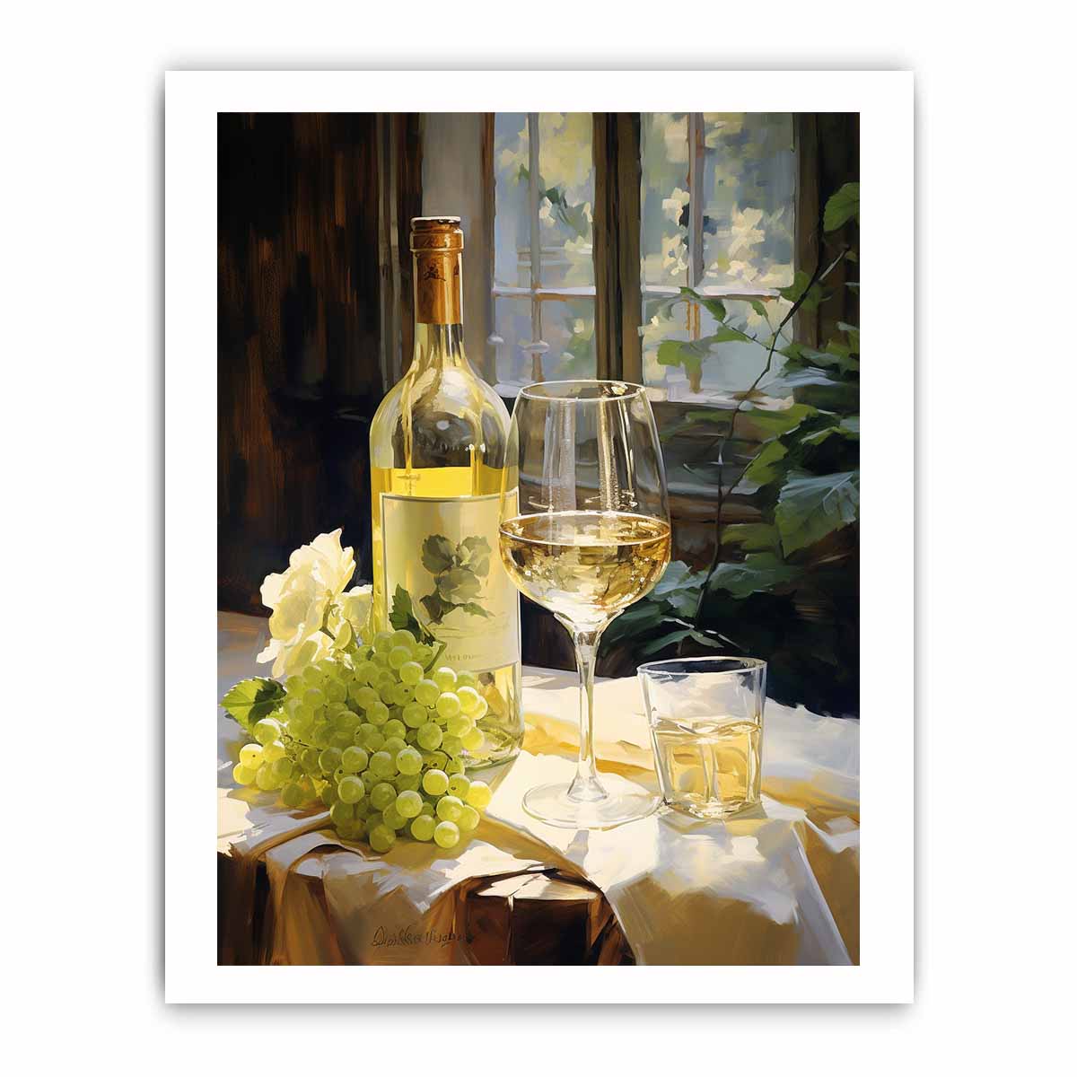White wine bottle and grapes canvas art for dining room decor.