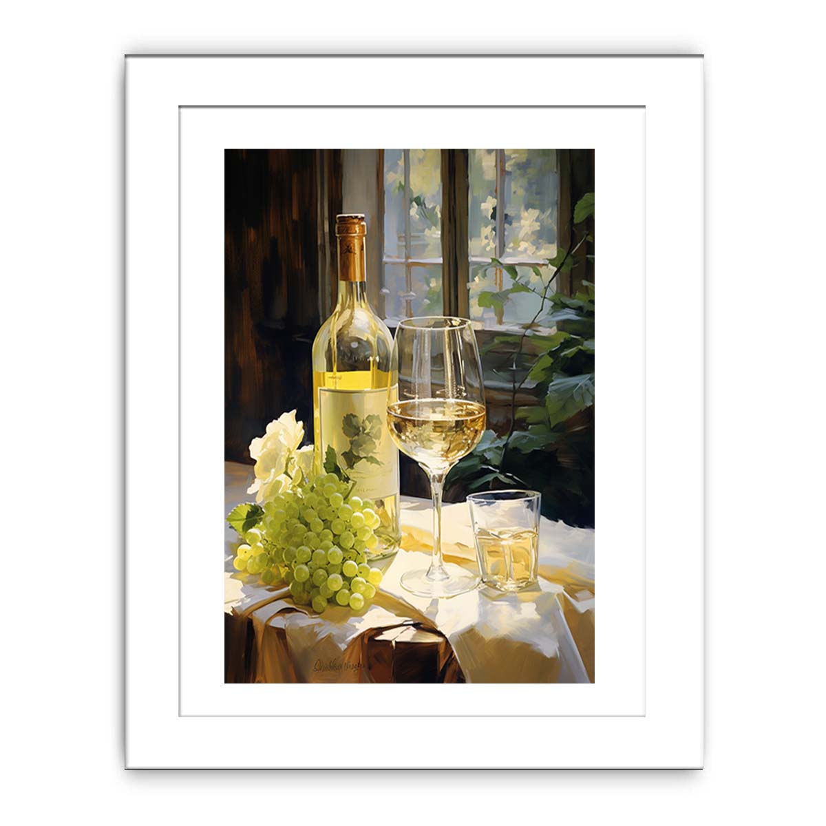 White wine bottle and grapes canvas art for dining room decor.