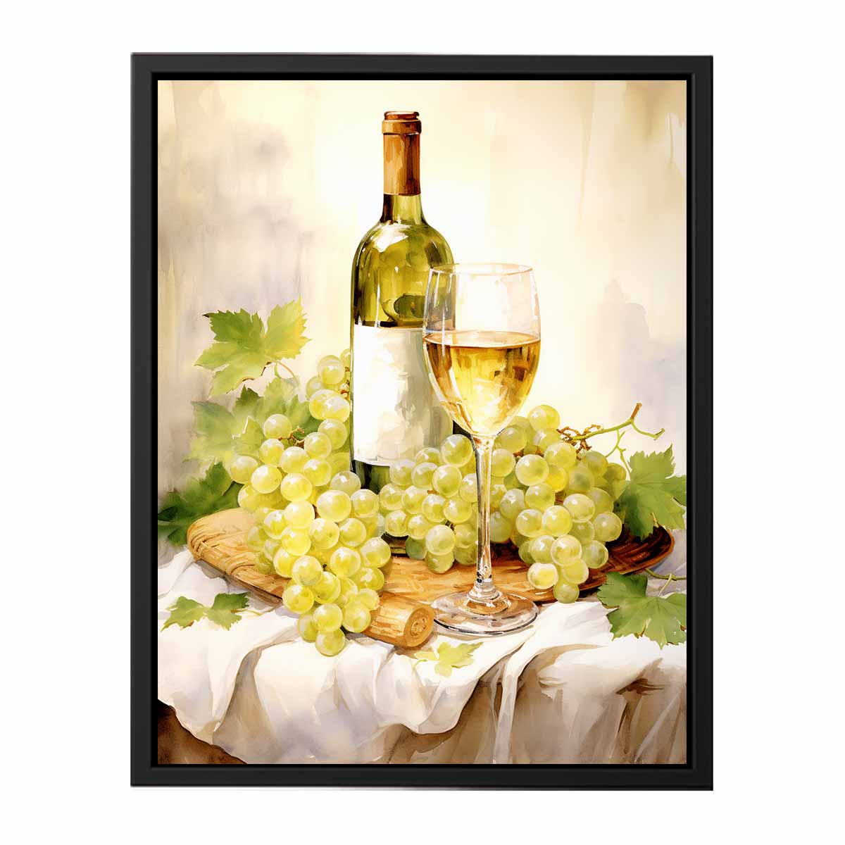 White wine and grape basket canvas art for kitchen decor.