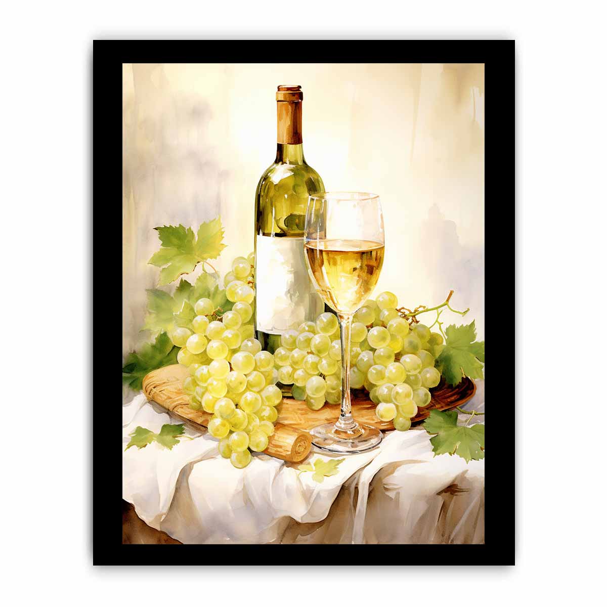 White wine and grape basket canvas art for kitchen decor.