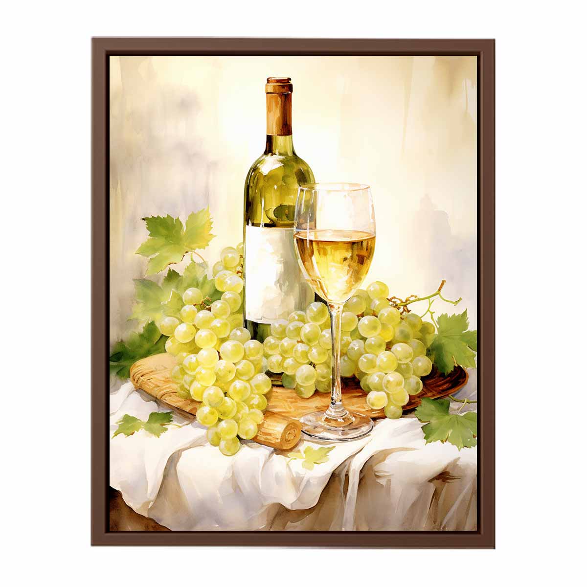 White wine and grape basket canvas art for kitchen decor.