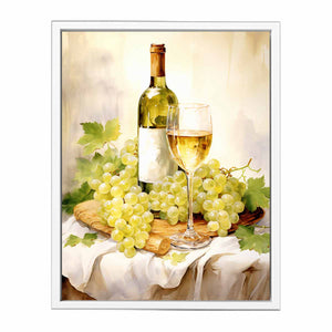 White wine and grape basket canvas art for kitchen decor.