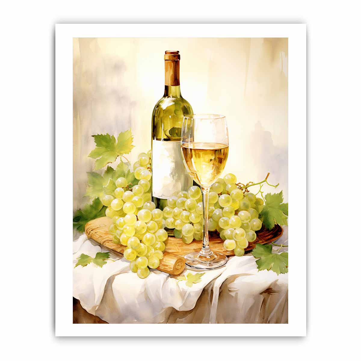 White wine and grape basket canvas art for kitchen decor.