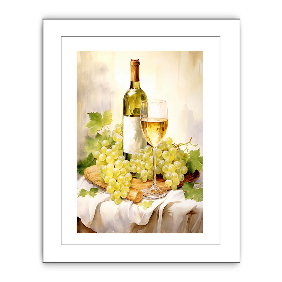 White wine and grape basket canvas art for kitchen decor.